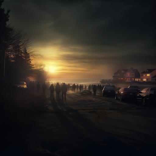 new england beach. large crowd of people. morning. crime scene police tape. atmospheric. dawn. silent hill.