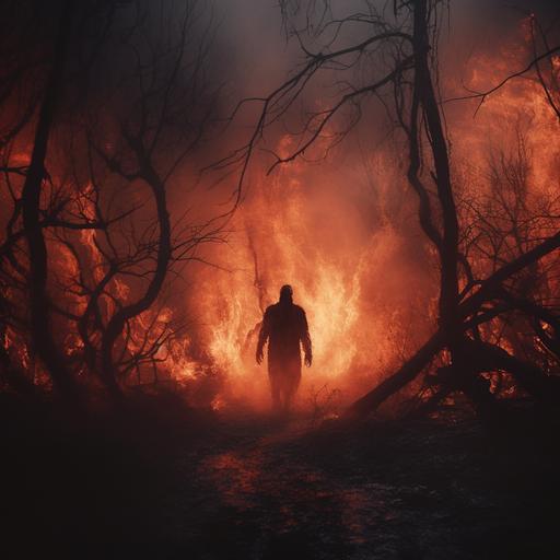 nightmare of a forest on fire. person on fire. weirdcore. surreal. atmospheric. foggy. silent hill. creepy. horror.