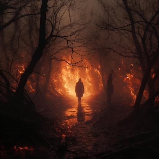 nightmare of a forest on fire. person on fire. weirdcore. surreal. atmospheric. foggy. silent hill. creepy. horror.