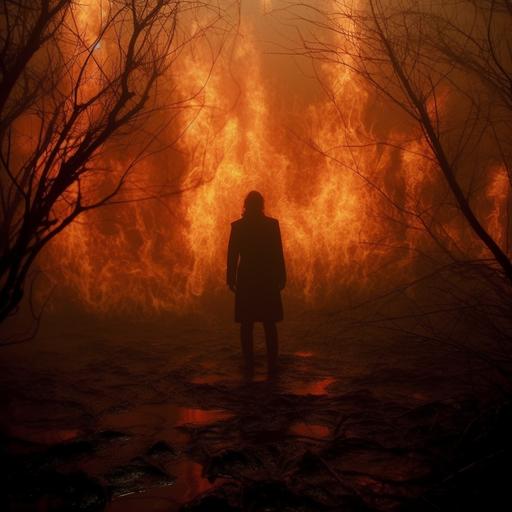 nightmare of person on fire. tarkovsky style. weirdcore. surreal. atmospheric. foggy. silent hill. creepy. horror.