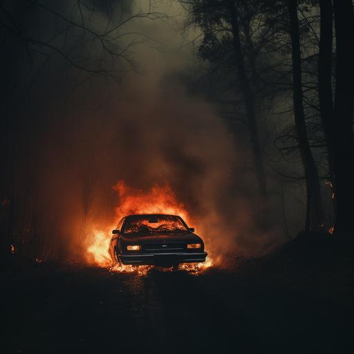 photo of a car engulfed in flames in the middle of a forest. weirdcore. surreal. atmospheric. night. foggy. silent hill. creepy. horror.