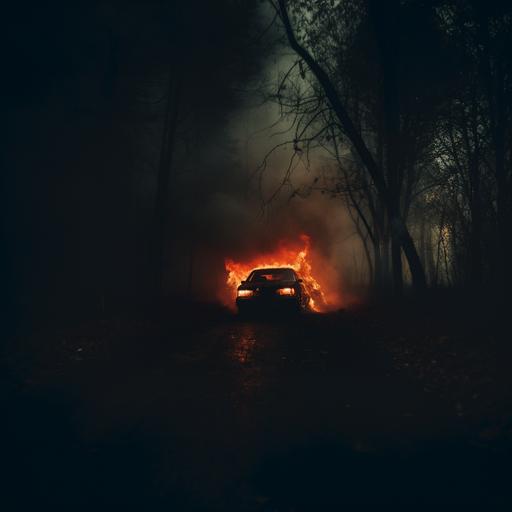 photo of a car engulfed in flames in the middle of a forest. weirdcore. surreal. atmospheric. night. foggy. silent hill. creepy. horror.