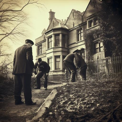 vintage 1800s photography of police investigating at an old english mansion. stoic. vintage photography. realistic. photo. grainy.