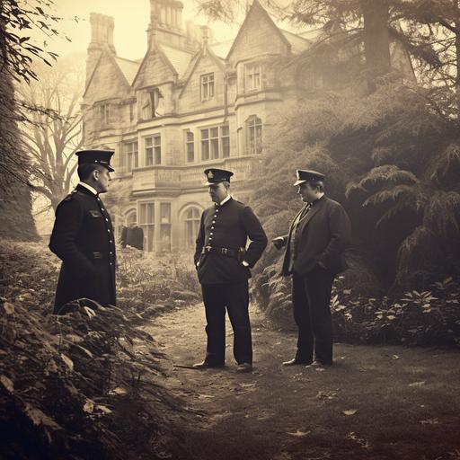 vintage 1800s photography of police investigating a terrible crime at an old english mansion. stoic. vintage photography. realistic. photo. grainy.