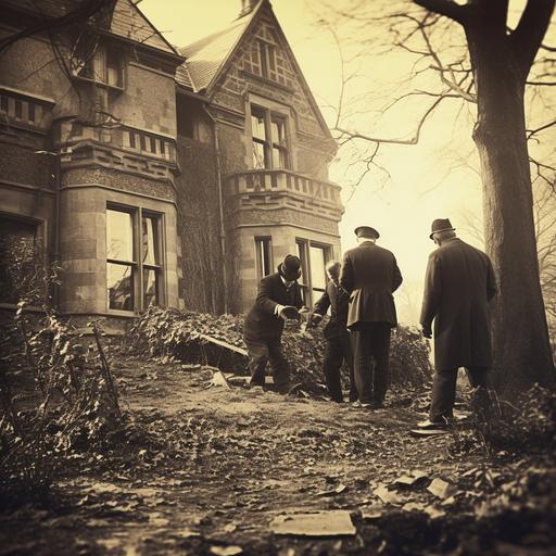 vintage 1800s photography of police investigating at an old english mansion. stoic. vintage photography. realistic. photo. grainy.
