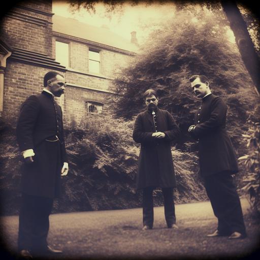vintage 1800s photography of police investigating a terrible crime at an old english mansion. stoic. vintage photography. realistic. photo. grainy.