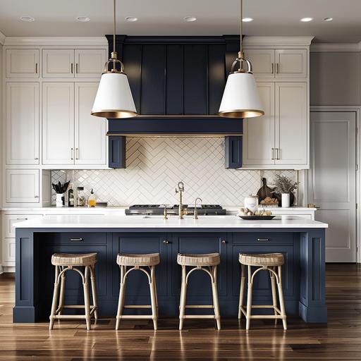 rendering, traditional kitchen, oak wood floors, hale navy painted cabinets, white quartz cabinets and brass lighting oak island colored backsplash