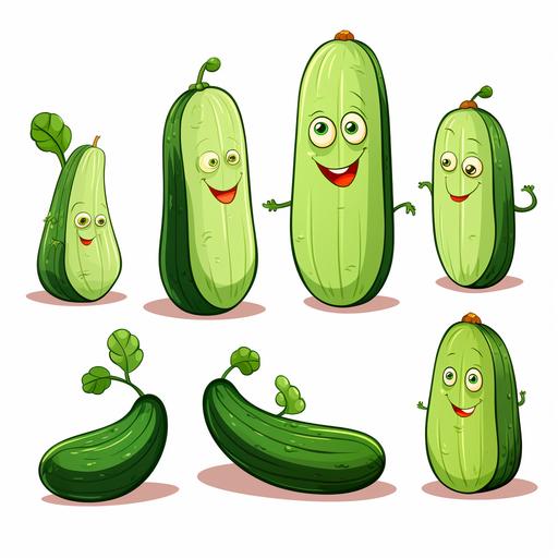 cucumber cartoon page , simple style , thick lines , few details , no background , no shadows