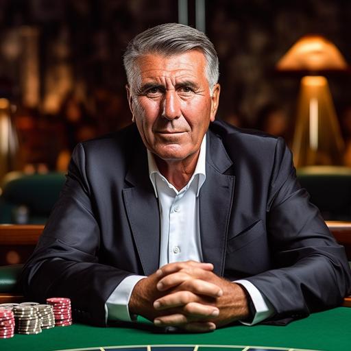 This person is a blackjack dealer in a casino. He is sitting at a blackjack table straight in front of you and there are a lot of casino chips and money on the table. Also some cards on the table. The image should be classy, the dealer is wearing a nice suit. The face should be the same as the original photo. The man is 85 years old.