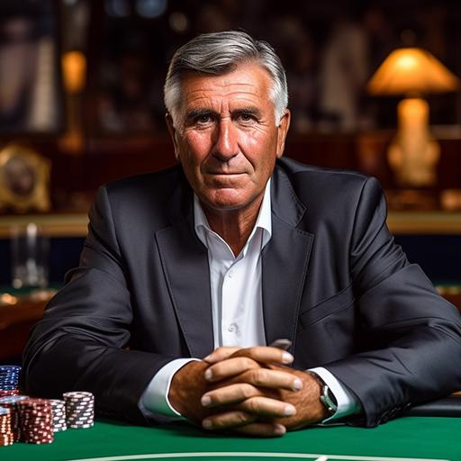 This person is a blackjack dealer in a casino. He is sitting at a blackjack table straight in front of you and there are a lot of casino chips and money on the table. Also some cards on the table. The image should be classy, the dealer is wearing a nice suit. The face should be the same as the original photo. The man is 85 years old.