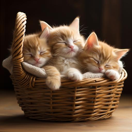 3 baby cats are sleeping in a basket