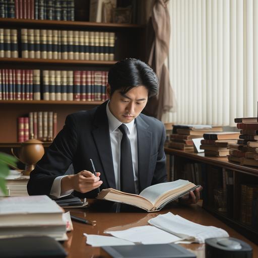 a Japanese business person checking a few legal books in the business office and making phone call.