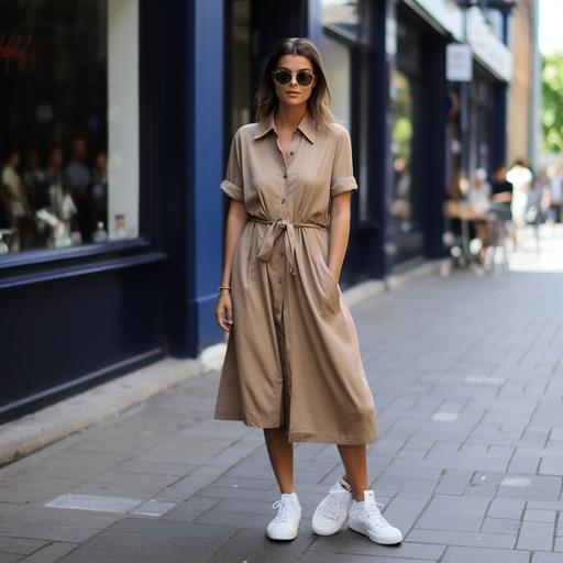 28 year old female, wearing a light brown formal jacket, q navy blue midi summer shirt dress with short sleeves , v neck, with white sneakers