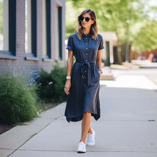 28 year old female, wearing a navy blue midi summer shirt dress with short sleeves, with a light brown suit jacket, and white sneakers