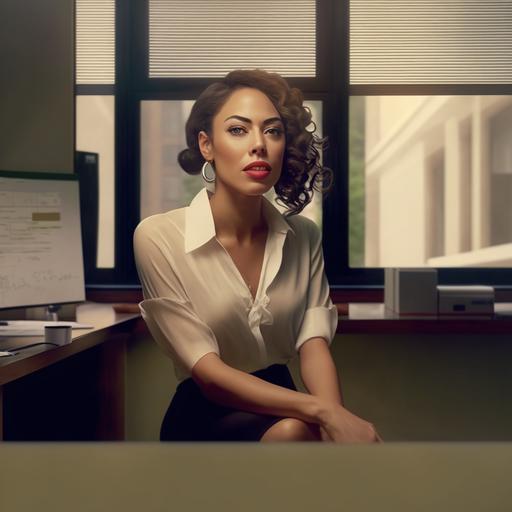 , 28 year old woman working in a office, sitting in front of a desk, wearing tan pantyhose and white open toes high heel, portrait, photorealistic, morden style, ultra realistic, cinematic lighting, detail faced, showing whole body, curly hair, british,