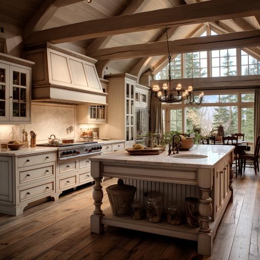 : editorial style, eye-level, mountain cottage, creamy painted cabinets, sink in center of 18ft island, nuetral tones, light stained island, antique decor, evening-- ar:16:9