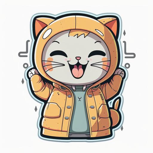 sticker::4 cute happy kawaii cat wearing hoodie cartoon style, smiley face, laughing hard, cartoon Very deformed characters, seamless background, cute, deformed, contour, vibrant, vector, white background::4 --s 250 --q 2 --v 4