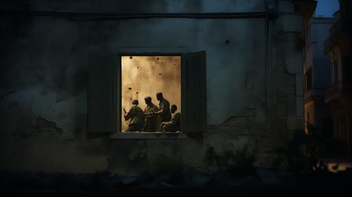 /cinematic shot, in the foreground an old limestone wall, with a window in the middle and in the distance soldiers patrolling an Italian street, seen through the glass of the window, at night, summer, nightime, tense, atmospheric, in the 1970s --ar 16:9
