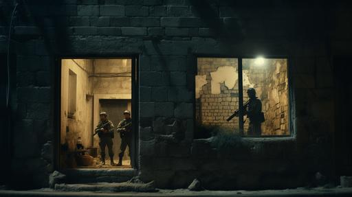 /cinematic shot, of an old limestone wall, with a window in the middle and soldiers patrolling an Italian street, seen through the glass of the window, at night, summer, nightime, tense, atmospheric, in the 1970s --ar 16:9