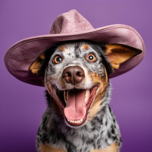 photograph, of a Australian Cattle Dog in a photoshoot, with a solid lilac colored background with studio lighting, the dog should be happy with mouth open and looking into the camera, and this dog is wearing a purple coloured Australian Cork hat