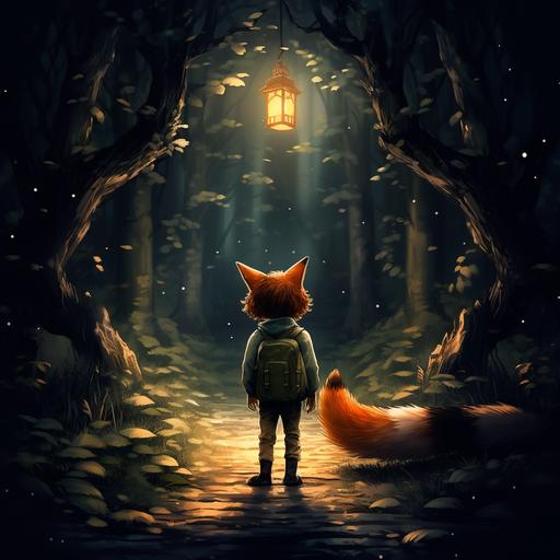 a fox boy walking on path in the forest at night