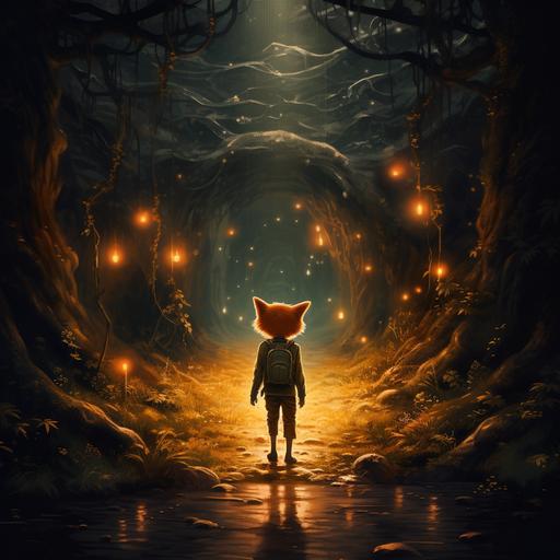 a fox boy walking on path in the forest at night
