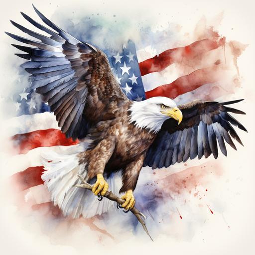 a soaring eagle with an american flag waving background in watercolor style