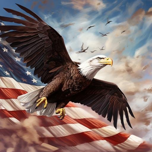 a soaring eagle with an american flag waving background