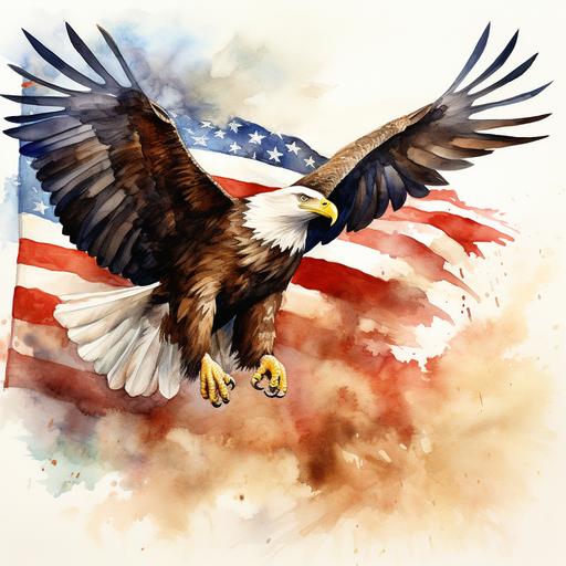 a soaring eagle with an american flag waving background in watercolor style