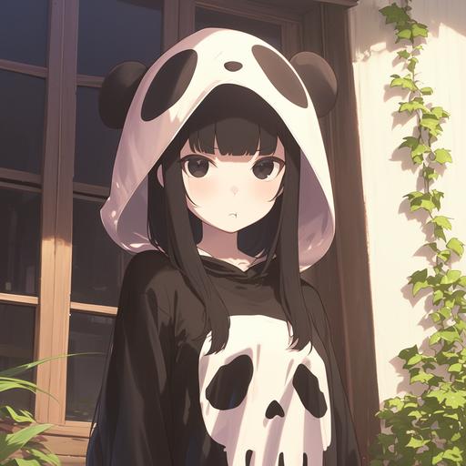 Anime art, a cute anime girl wearing a dendrobium kigu, it has a ridiculous dendrobium hood on the kigu, the girl's actual face cute and round with a slight pout, her eyes deep black and really oval, the background is an atrium that goes well with her dendrobium kigu attire --niji 6