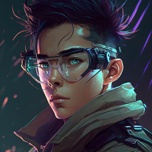 29 year old Filipino male, with eye glasses, thick eyebrows, anime style, shoulder pose, futuristic cyber punk