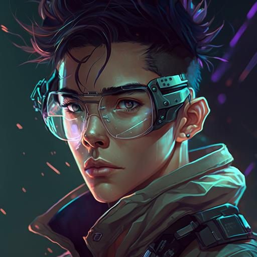 29 year old Filipino male, with eye glasses, thick eyebrows, anime style, shoulder pose, futuristic cyber punk