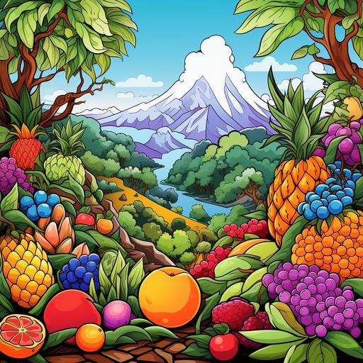 Imagine stepping into a magical jungle bursting with the most extraordinary and colorful fruits you've ever seen. The trees are alive with laughter, and each fruit seems to have a personality of its own. Your task is to create an eye-catching cover for our coloring book. Your Challenge: Picture yourself in the heart of this cartoon jungle, surrounded by playful, larger-than-life fruits. A mischievous mango swings from a vine, a giggling grape dangles from a branch, and a watermelon winks with a splash of juice. The sun casts a warm glow on the scene, and the leaves above create a canopy of vibrant shades. How will you bring this fruity fiesta to life in vivid shading and with a playful cartoon style? Think about the expressions on the fruits' faces, the patterns on their skins, and the joyous atmosphere of the jungle. imagine a cute cat sitting there and drawing, Let your imagination run wild as you design a cover that will make kids excited to embark on this fruity adventure!