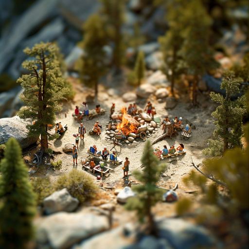 isometric, tilt shift photography of a big women grill party with a big campfire in the middle in the yosemite national park --v 6.0