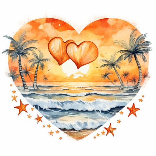 Retro Heart Beach Sunset Watercolor Clipart, Watercolor Beach Sunset in a Heart Shape Clipart, Beach Clipart, sand, starfish, Watercolor Clipart, highly detailed, white background 8k