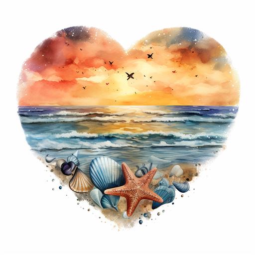 Retro Heart Beach Sunset Watercolor Clipart, Watercolor Beach Sunset in a Heart Shape Clipart, Beach Clipart, sand, starfish, Watercolor Clipart, highly detailed, white background 8k