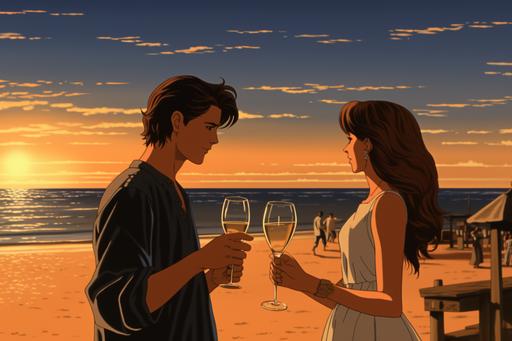 Retro Ghibli scene, [A guy and a girl are standing next to each other on the beach, looking at each other, holding a glass of white wine in their hands. The guy has wavy hair, a black shirt with rolled up sleeves, black long shorts, brown sandals. The girl has blonde long hair, big gold earrings, a short white dress and very long legs, black sandals with heels], minimal shading, bold, lined, 2D, flat, low detail, animated film pioneer --ar 3:2 --style raw --c 20