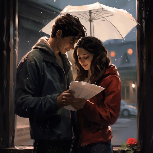 A heartwarming depiction of a couple in a long-distance relationship, separated by a window. He stands outside on a rainy day, holding a handwritten letter and a bouquet of roses, while she stands inside, wearing a soft smile and holding the letter against the glass. Raindrops slide down the window, and a faint reflection of their faces is visible. The environment is a cozy and dimly lit room, with a comfortable armchair by the window, a bookshelf filled with books, and a soft, warm color palette. The atmosphere is bittersweet, conveying longing and affection. Style: Photography, taken with a 50mm lens at f/2.8, capturing the details of raindrops and facial expressions,son doong