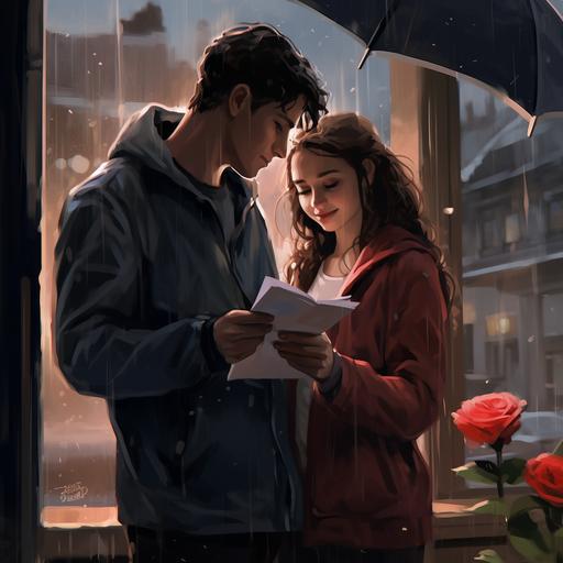 A heartwarming depiction of a couple in a long-distance relationship, separated by a window. He stands outside on a rainy day, holding a handwritten letter and a bouquet of roses, while she stands inside, wearing a soft smile and holding the letter against the glass. Raindrops slide down the window, and a faint reflection of their faces is visible. The environment is a cozy and dimly lit room, with a comfortable armchair by the window, a bookshelf filled with books, and a soft, warm color palette. The atmosphere is bittersweet, conveying longing and affection. Style: Photography, taken with a 50mm lens at f/2.8, capturing the details of raindrops and facial expressions,son doong