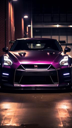 2963_Nissan GTR R35, ultra quality, kinetic photo, headlight turned towards the viewer, straight lines, no repetitions, Nissan Midnight Purple color --ar 9:16