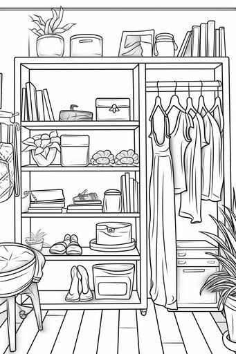 Extremely simple. Cartoon style. Woman closet wall and shelf with clothes and accessories. Coloring book. Black and white. --ar 2:3 --v 5.2
