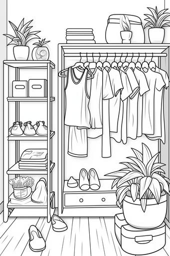 Extremely simple. Cartoon style. Woman closet wall and shelf with clothes and accessories. Coloring book. Black and white. --ar 2:3 --v 5.2