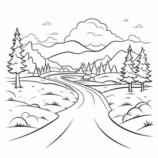 extremely simple. Cartoon style. Scenic road. Coloring book. Black and white