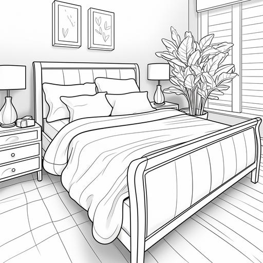 simple. Cartoon style. Comfy bed. Coloring book. Black and white. — ar 2:3 --v 5.2