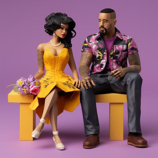 4 create a curvy African American woman with purple and black hair, she is wearing a purple and yellow high low dress, and yellow wedge shoes with purple flowers, roundish almond shaped eyes, and full lips, sitting on a bench with a slender bald African American man with almond shaped eyes and a goatee, he is wearing jeans, and a button up paisley red shirt, there are red birds in the shape of hearts flying in the air over head, there is a beautiful sunset over head, the couple are holding hands, smiling, and talking.