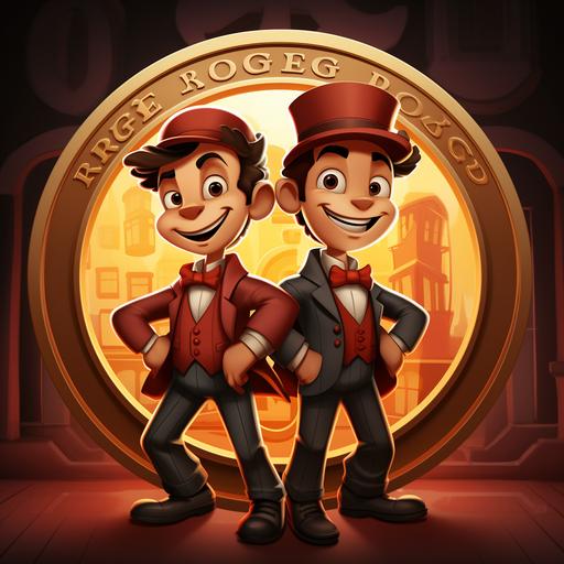 two brothers,cartoon,with a crytpo coin theme,looking forward,with the name RugFreeBros.