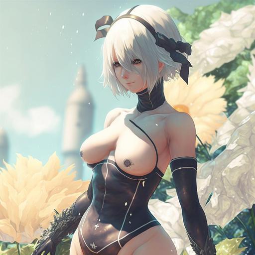 2B from NieR Automata in swimwear hot photorealistic picking up white lily flower hi res 8k realistic lean cut physique blue eyes arched back perfect thighs