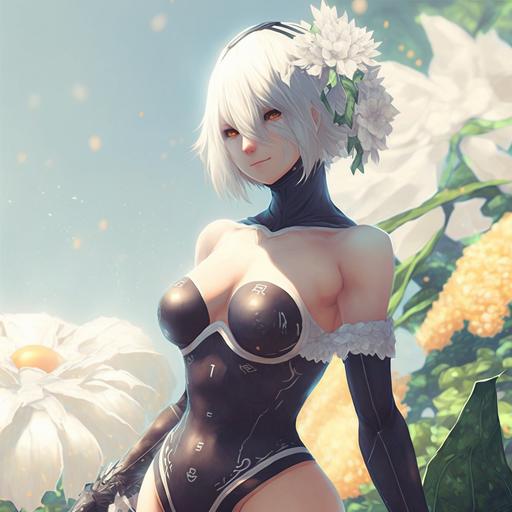 2B from NieR Automata in swimwear hot photorealistic picking up white lily flower hi res 8k realistic lean cut physique blue eyes arched back perfect thighs