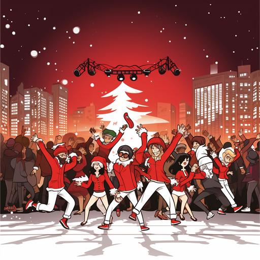 2D Vector cartoon illustration in mostly red and white, Kpop scene, with cartoon stick figures dancing happily in Christmas costumes on the dance floor, around a mistletoe on the background, perfect for flyer design