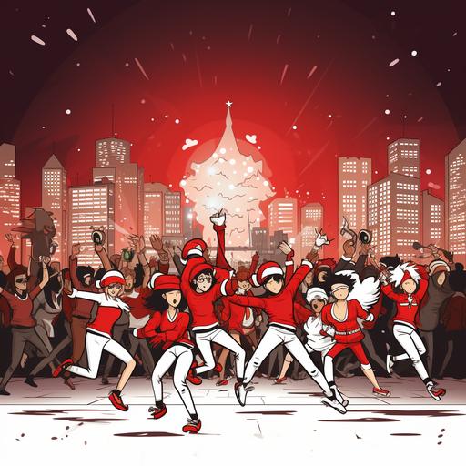 2D Vector cartoon illustration in mostly red and white, Kpop scene, with cartoon stick figures dancing happily in Christmas costumes on the dance floor, around a mistletoe on the background, perfect for flyer design